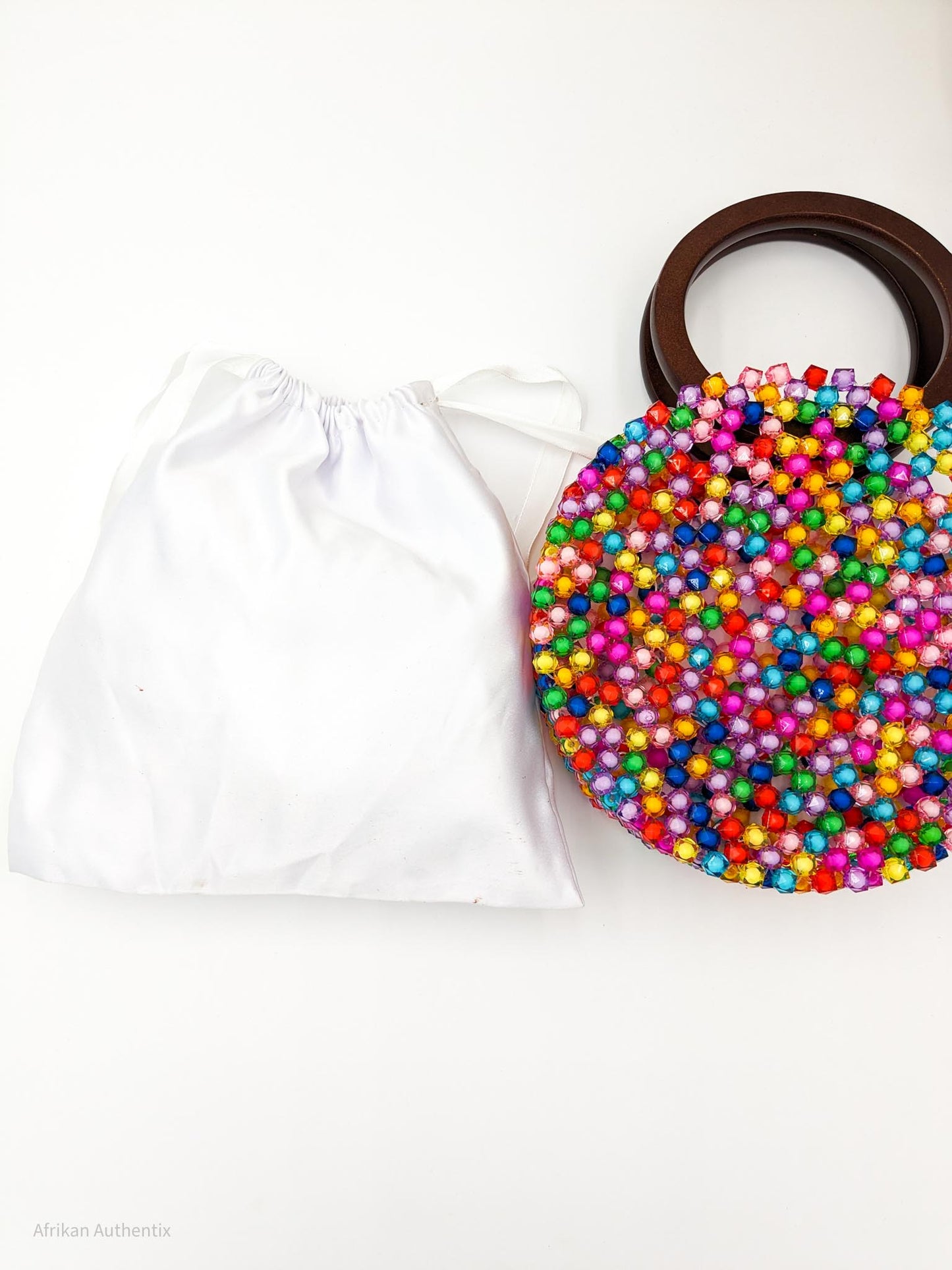 Rainbow beaded bag with wooden handle | Alfayed