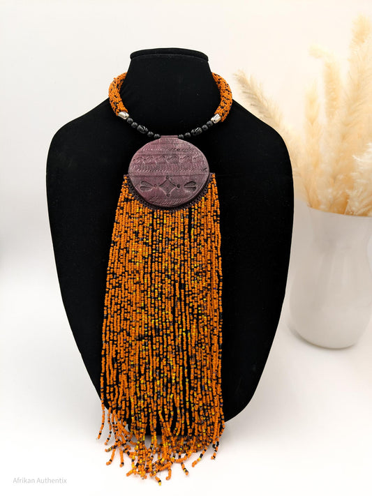African Beaded Statement necklace with Hand-stamped Leather