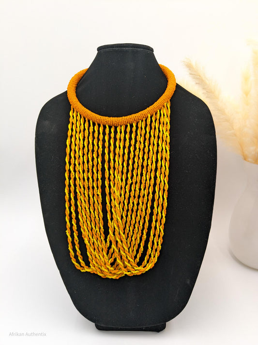 Yellow and Orange African Beaded Bib Necklace