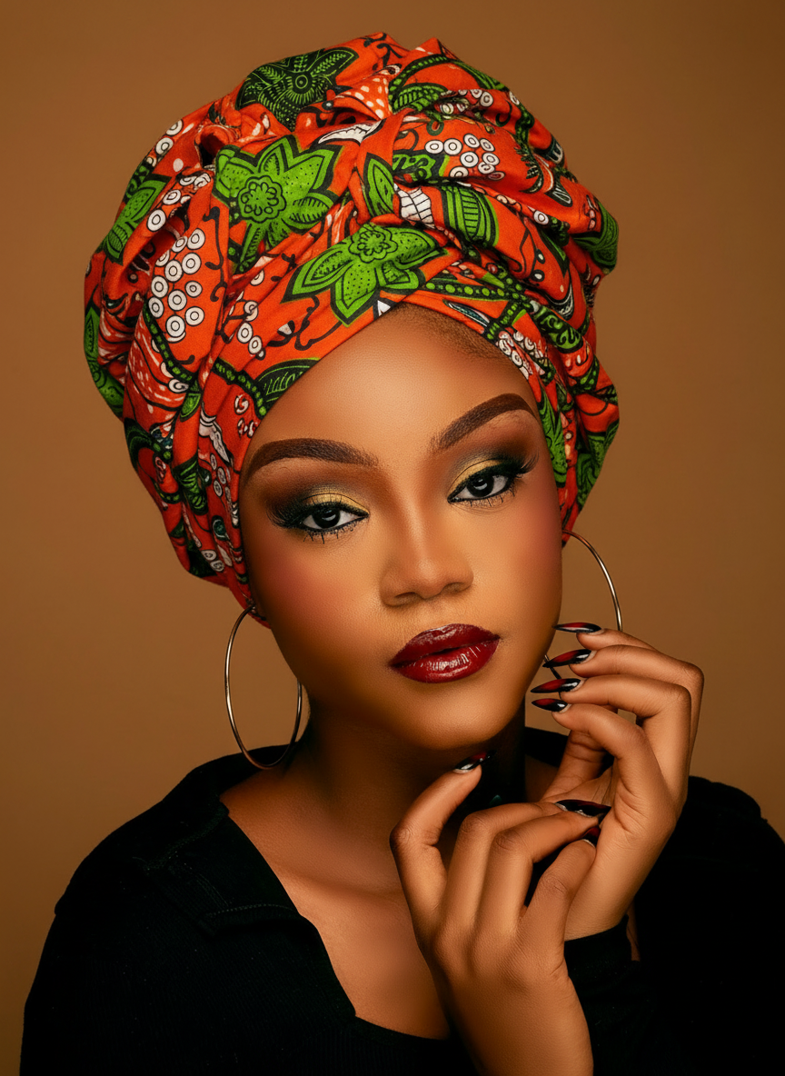 African print headwrap - Orange/green Floral Pattern by Afrikan Authentix