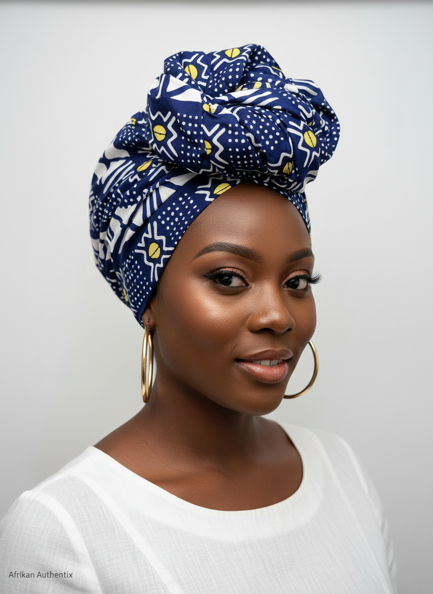 African print headwrap - Blue and White Mudcloth by Afrikan Authentix
