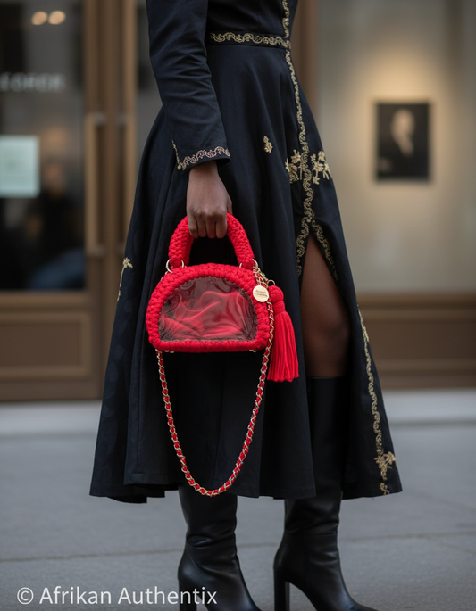 Person holding a red crochet handbag with a transparent front panel, wearing a dark coat with gold accents.