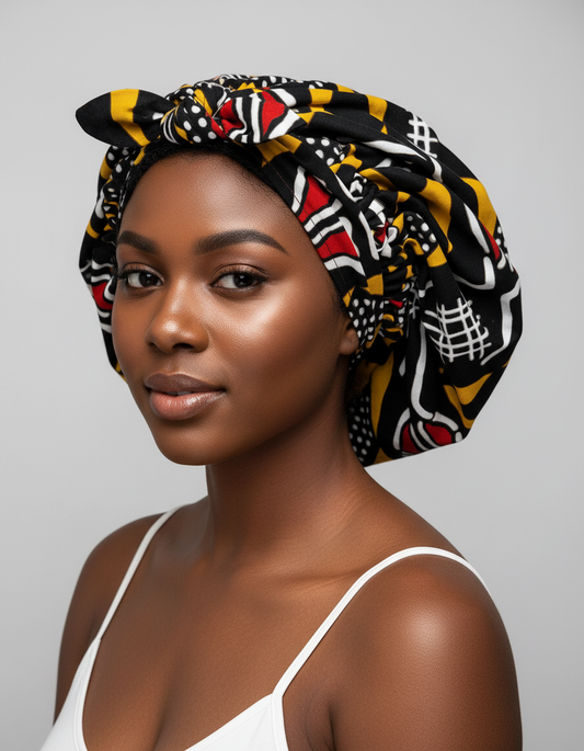 Seraya Mudcloth Black Satin-Lined Hair Bonnet
