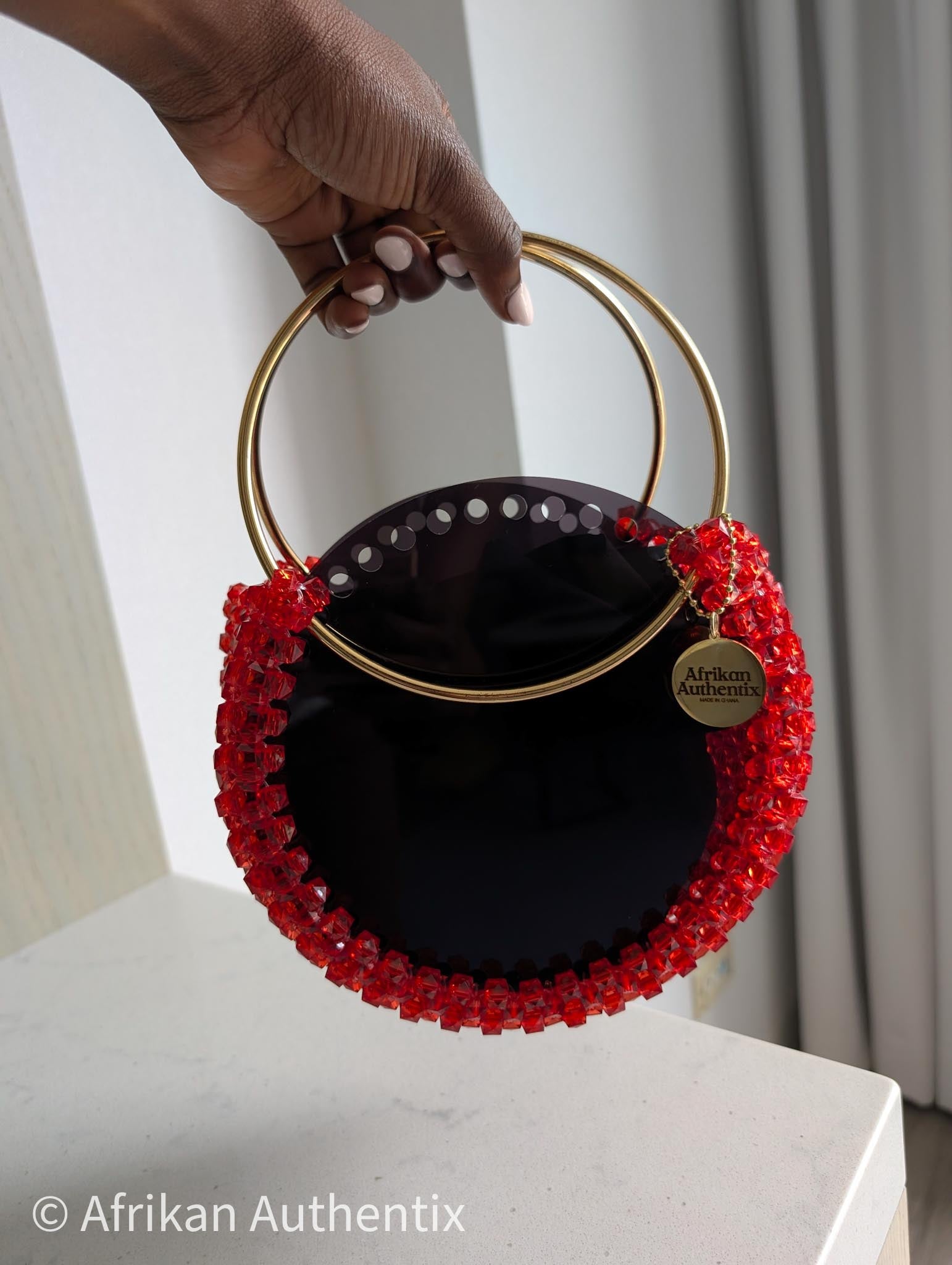 Red beaded handbag with golden handle from Ghana by Afrikan Authentix